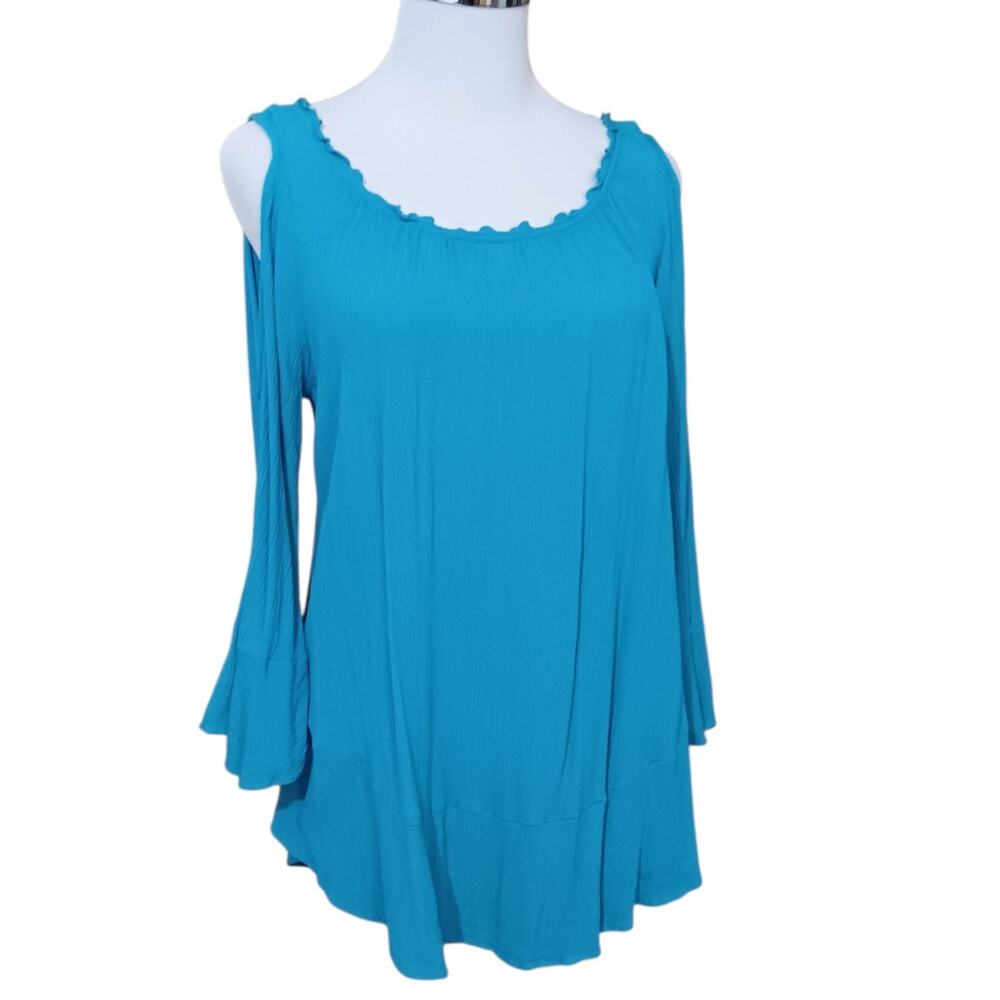 CHICO'S 1 Crinkle Gauze Top Blouse M Turquoise Blue Cold Shoulder Flare Sleeve